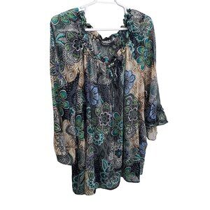 Maggie Barnes Size 5X Top Boho Floral Peasant 3/4 Bell Sleeves Lightweight Sheer